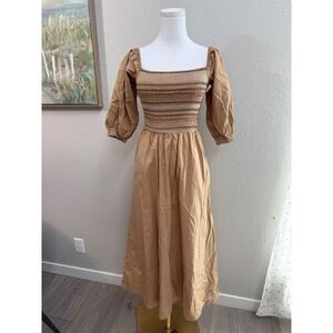 Old Navy Brown Smocked Puff Sleeve Midi Dress Fit & Flare Square Neck Size XS